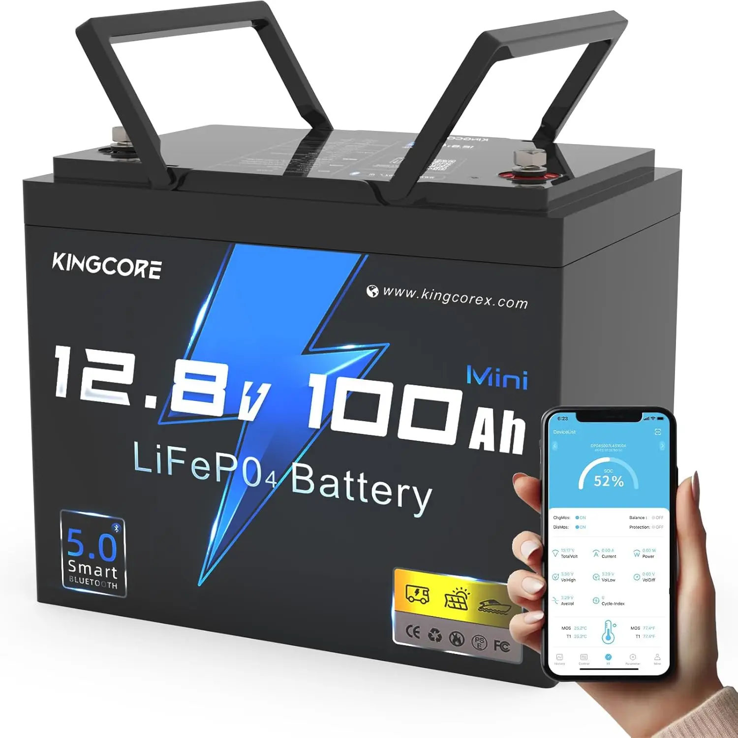 

12V 100Ah LiFePO4 Battery Mini, Bluetooth 5.0, Smart BMS, Low-Temp Protection, 15000 Deep Cycles Lithium Battery, Customized