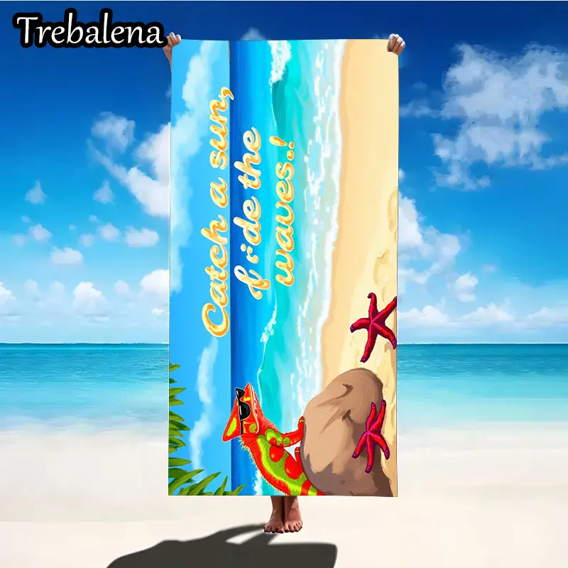 منشفة شاطئ فائقة النعومة مقاس 30 × 60 بوصة مع منشفة شاطئ، أمواج ركوب الشمس، نجم البحر، الحرباء #4