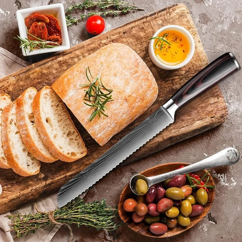 8 Inch Professional Bread Knife Cheese Toast Kitchen Knife Stainless Steel Damascus Knives Wood Handle Slicing Knife Chef Knives