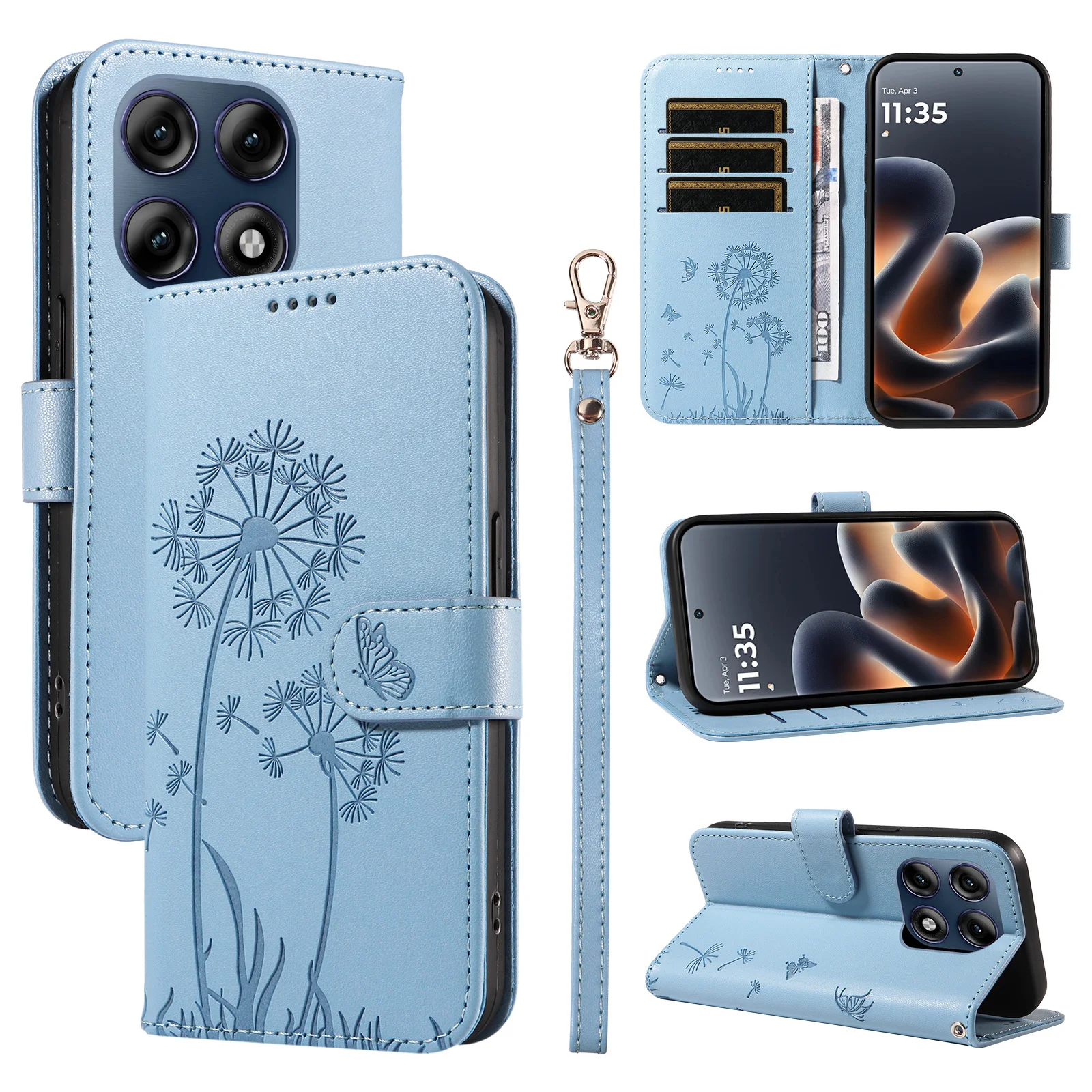 Étui portefeuille en cuir pour Motorola Moto Edge 60 70 X70 Air G86 G56 G06 G67 Pro Fusion Power |   Motif gaufré pissenlit