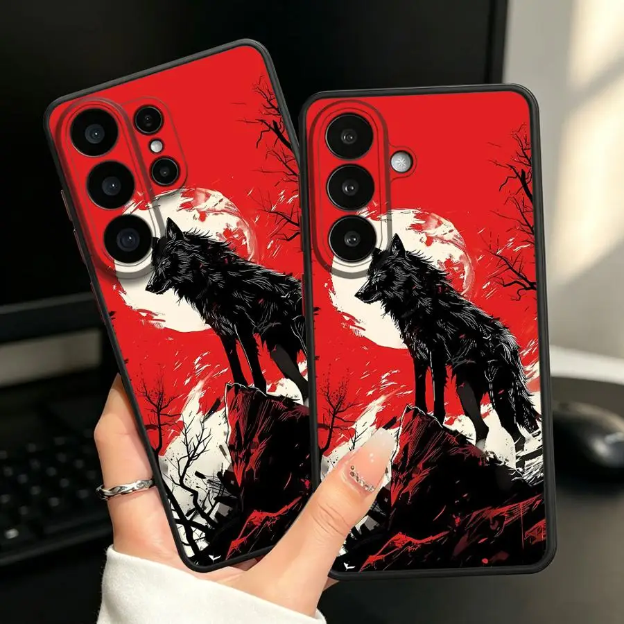 Case for Samsung Galaxy S26 S25 Ultra S24 Plus S22 S21 S23 FE S20 FE Note 20 Ultra 10+ Funda Back Phone Cover Red Moon Wolf