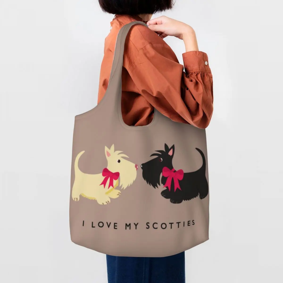 I Love My Scotties 여성용 숄더 캔버스 토트백, 내구성 있는 스코티시 테리어 개 식료품 쇼핑백, 핸드백 선물