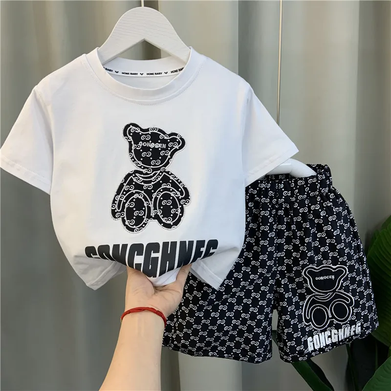 Summer Baby Girl Clothes Kid Boy Cartoon Bear T-Shirts Pants Suit Children Short Sleeve Top and Bottom 2 Pieces Set