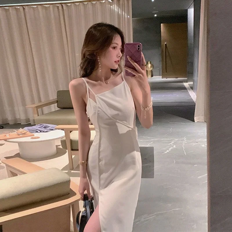 Vintage Elegant Dress Female Chiffon Camisole One Piece Dress Korean High Waist Club Evening Party Slim Strap Dress Women 2021