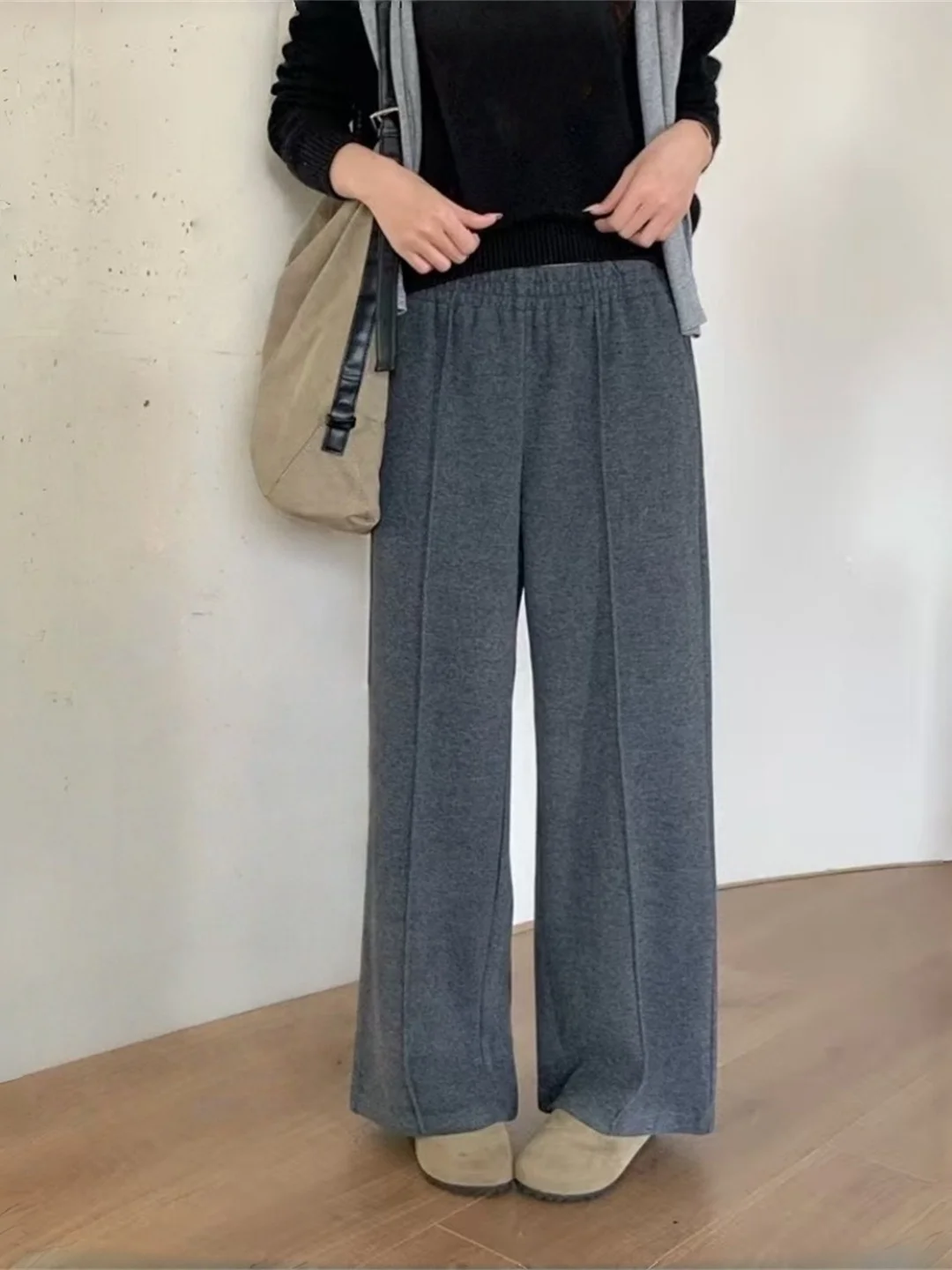 Taille haute jambe droite pantalons décontractés femmes coupe ample taille élastique trajet convivial minceur jambe large pantalon