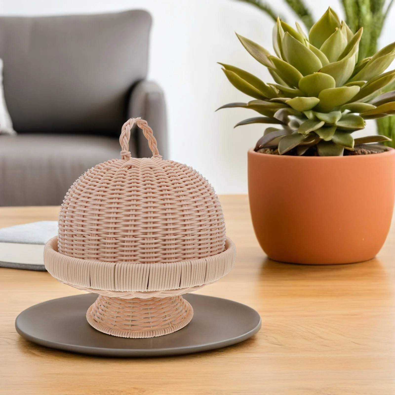 

Woven Fruit Basket with Lid Round Wicker Storage Tray for Bread Snacks Dried Fruits Candy Sundries Organization Kitchen Pantry