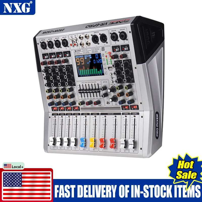 Factory Direct NXG VR‑6 Professional 6‑Channel Audio Mixer, 450W*450W Output, 7‑Band Equalizer, 99 DSP Reverb Effects, Excellent Heat Dissipation, Suitable for KTV, Stage Performance, DJ Mixing and Many Other Scenarios.