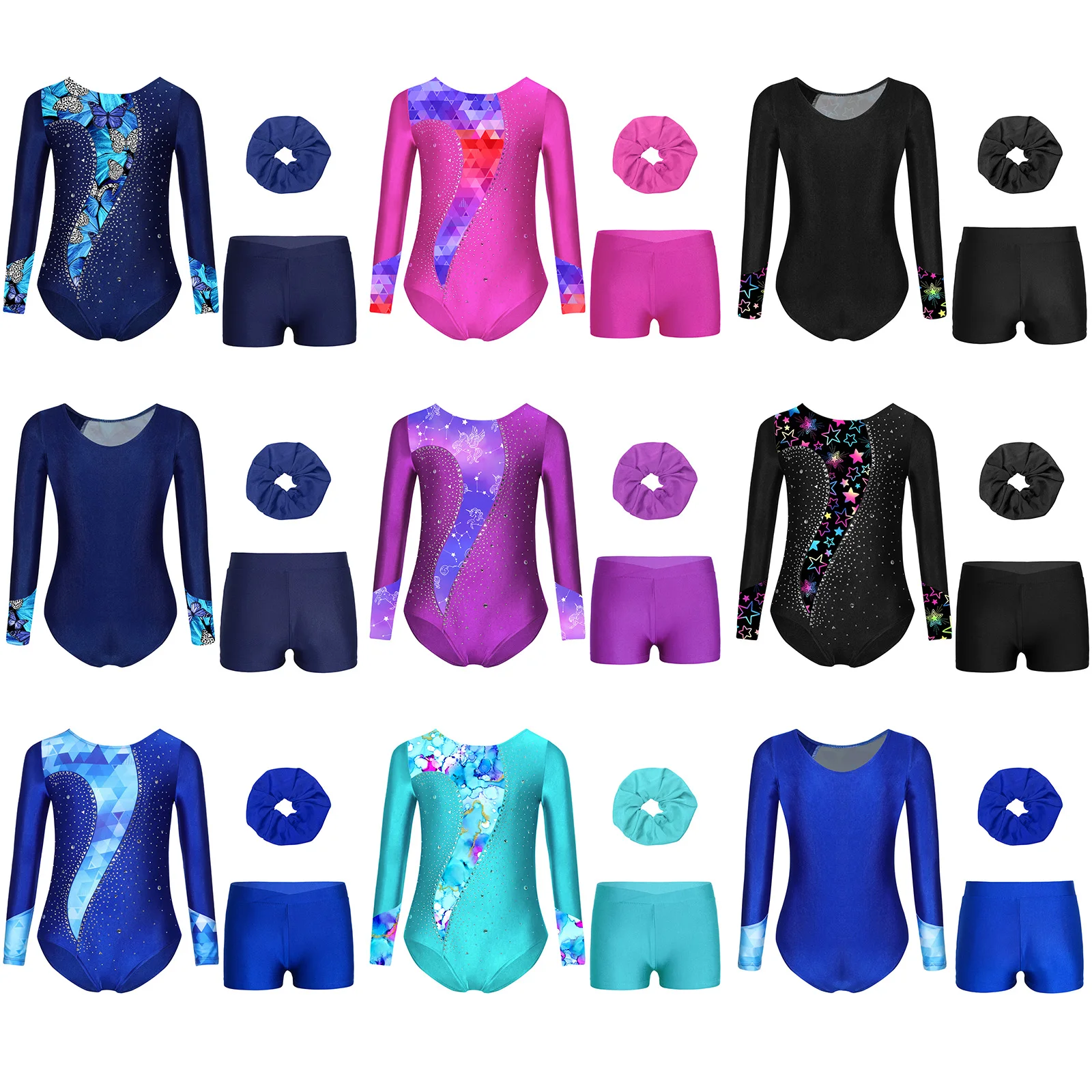Kids Girls Rhythmic Gymnastics Dance Outfit Figure Skating Sets Long Sleeve Printed Rhinestones Leotard with Shorts and Hair Tie