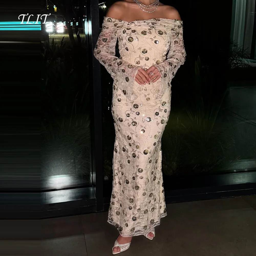 TLIT 우아한 아이보리 레이스 이브닝 드레스 맞춤형 오프숄더 화려한 스팽글 인어 프로미 드레스 베스티도 다 노이트