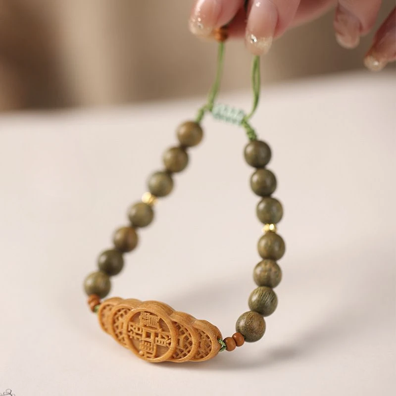 Original Antiquity Fresh Costustoot Green Sandalwood Beads Lucky Hand Card Birth Year Female Adjustable Single Ring Bracelet