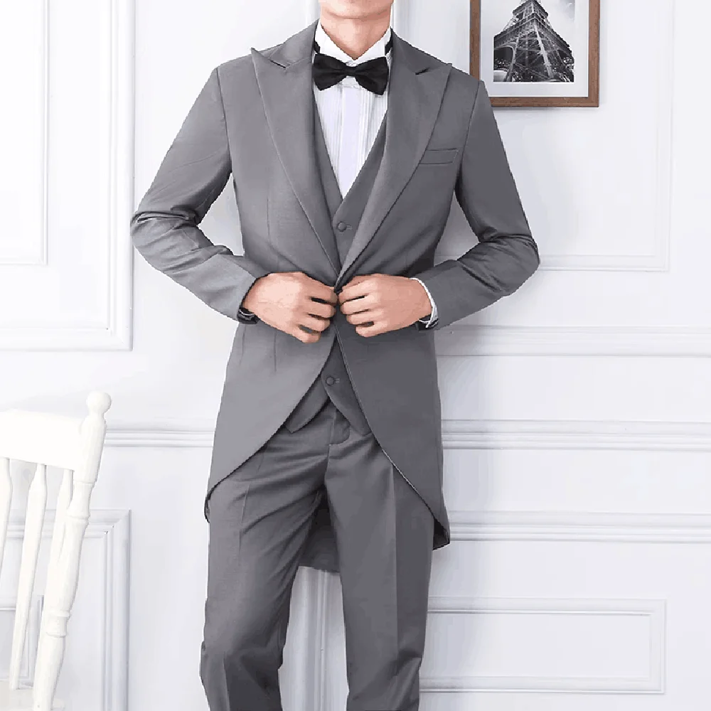 

Gray Full Men's Suit New Fashion Peak Lapel Cotton Linen Male Blazer Prom Groom Wedding Tuxedo Tailcoat Suits Slim Fit 3 Piece