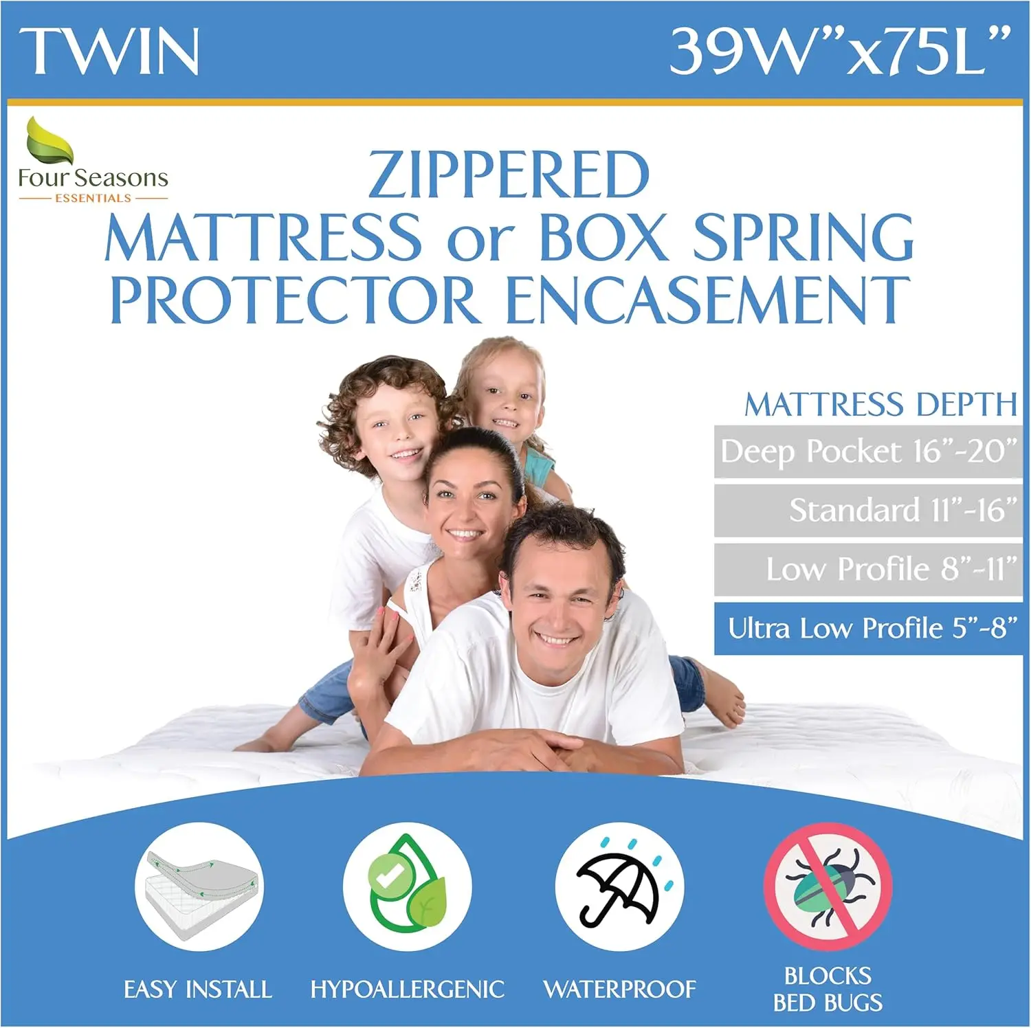 

Twin Size Mattr Or Box Spring Encasement (5"" To 8"" Depth) - Waterproof Zippered Protector Hypoallergenic Premium Bed Cover