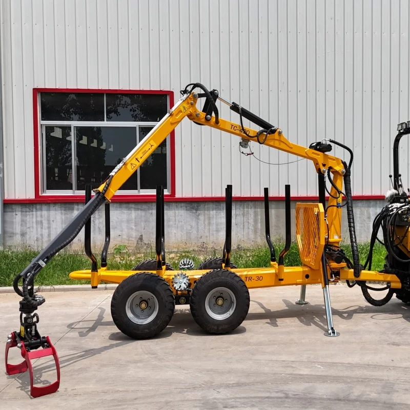 Customized Forestry Machinery Hydraulic Atv Tractor Log Timber Wood Trailer With Crane Grapple Remote Control Winch