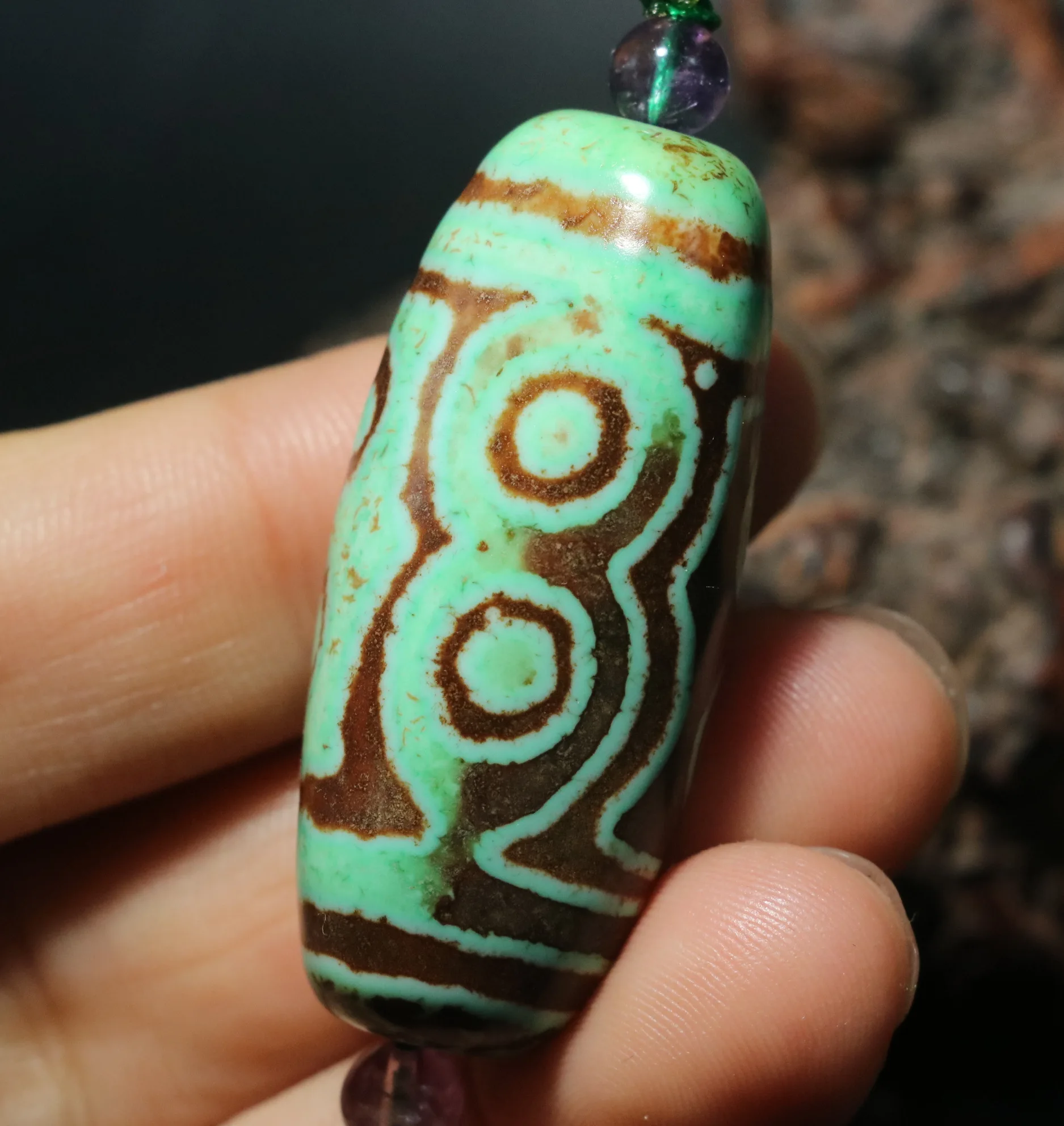 A Treasure Magic LKbrother Energy Tibetan Old Agate Green Color Big Fortune 7 Eyed Irregular Shape dZi Bead Big Pendant 5A