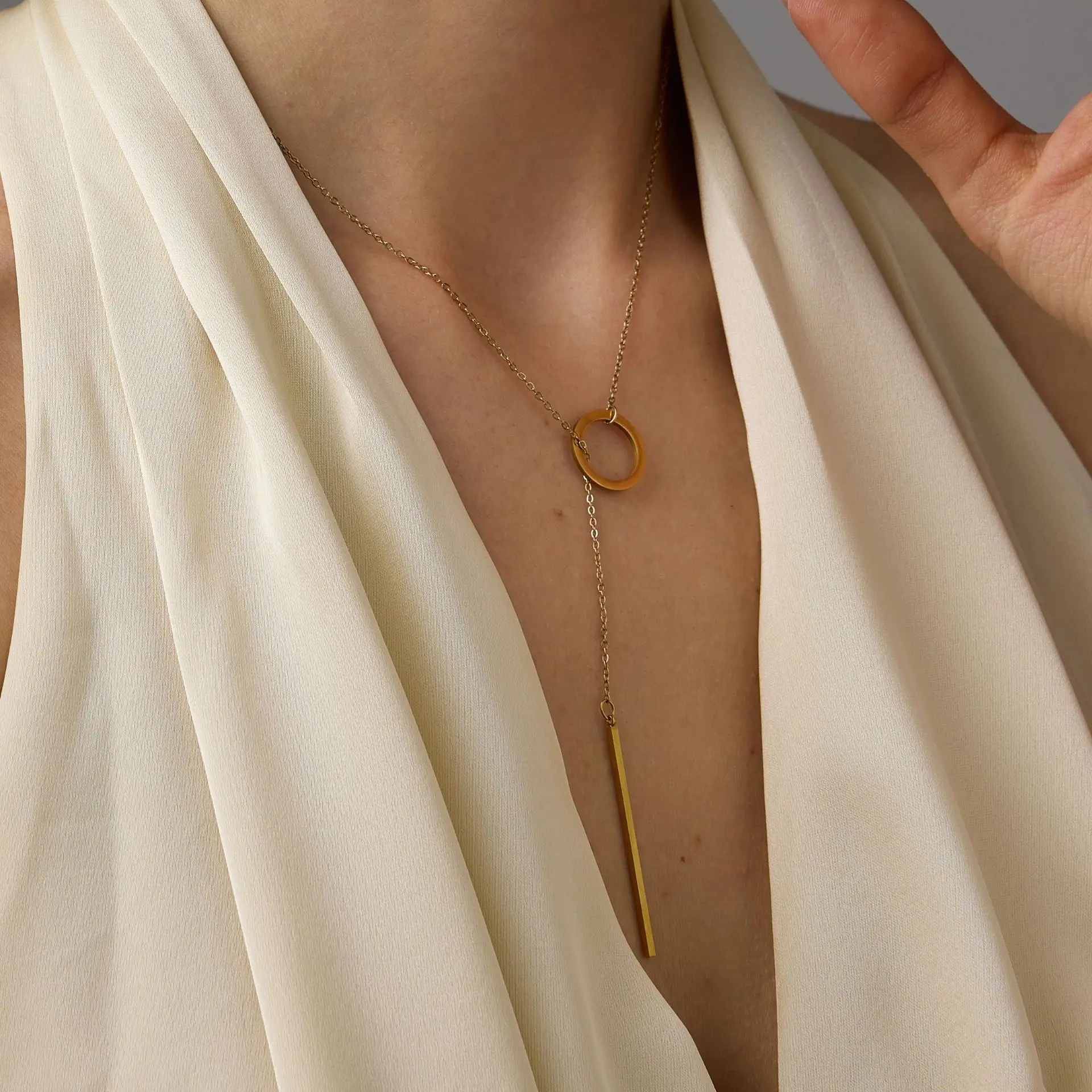 Fashion Circle Lariat Bar Y Necklace 316L Stainless Steel Long Pendant Necklaces for Women Minimalist Jewelry Accessories