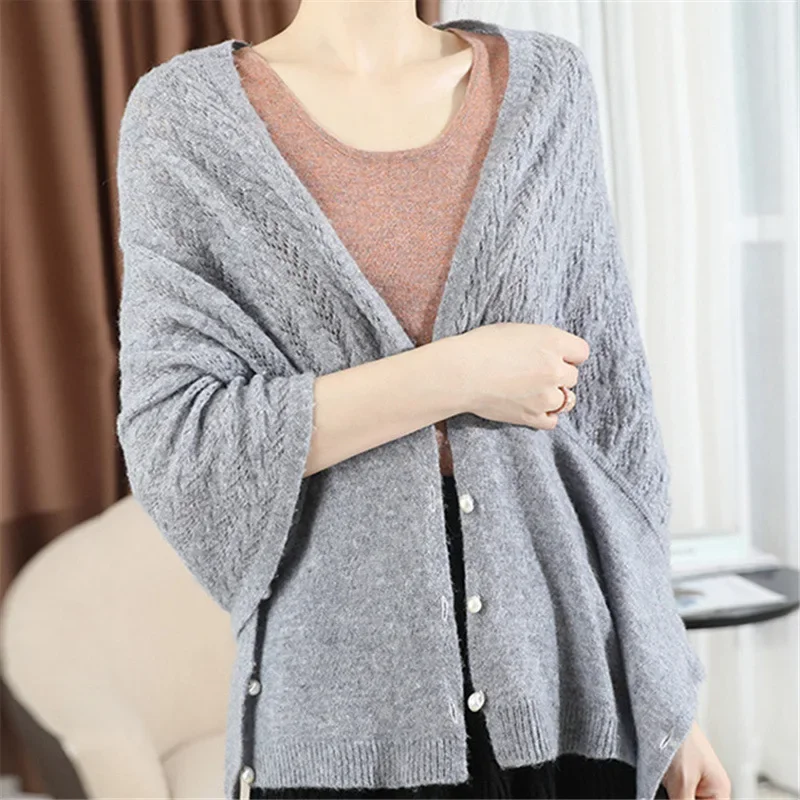 Primavera outono nova capa xale de malha feminina multifuncional cachecol quente versátil cachecol ponchos capas cardigan cáqui