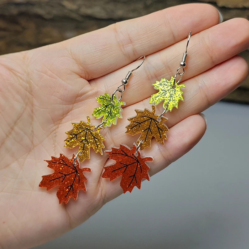 New Thanksgiving Maple Leaf Earrings Shining Maple Leaf Triple Splicing Earrings Thanksgiving Decoration Gift