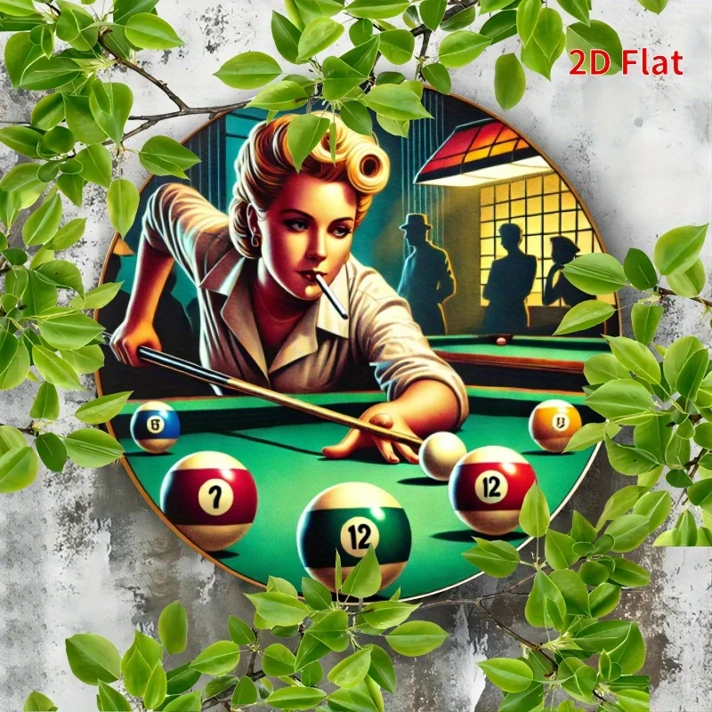 2D Flat, 1pc 2D Flat Printing 7.87 X 7.87inch Round Iron Metal Sign, 2D Flat,  Billiards Wall Art - Vintage Pool Scene with Fema
