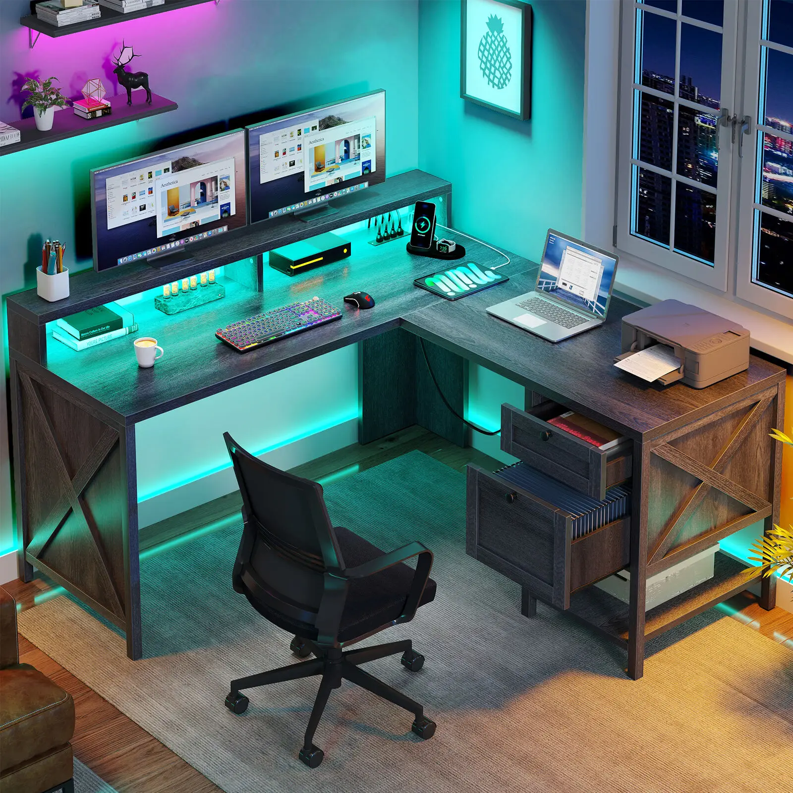 

L Shaped Desk with Power Outlets LED Lights Corner Computer Desk with Drawer