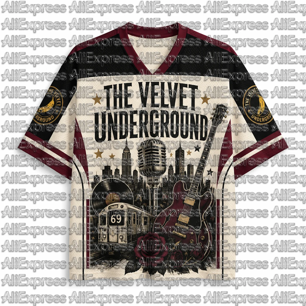 The Velvet Underground 69 Pattern Men's Mesh V-neck Short Sleeved T-shirt Retro New York Rock Band Neutral Street Sports Top