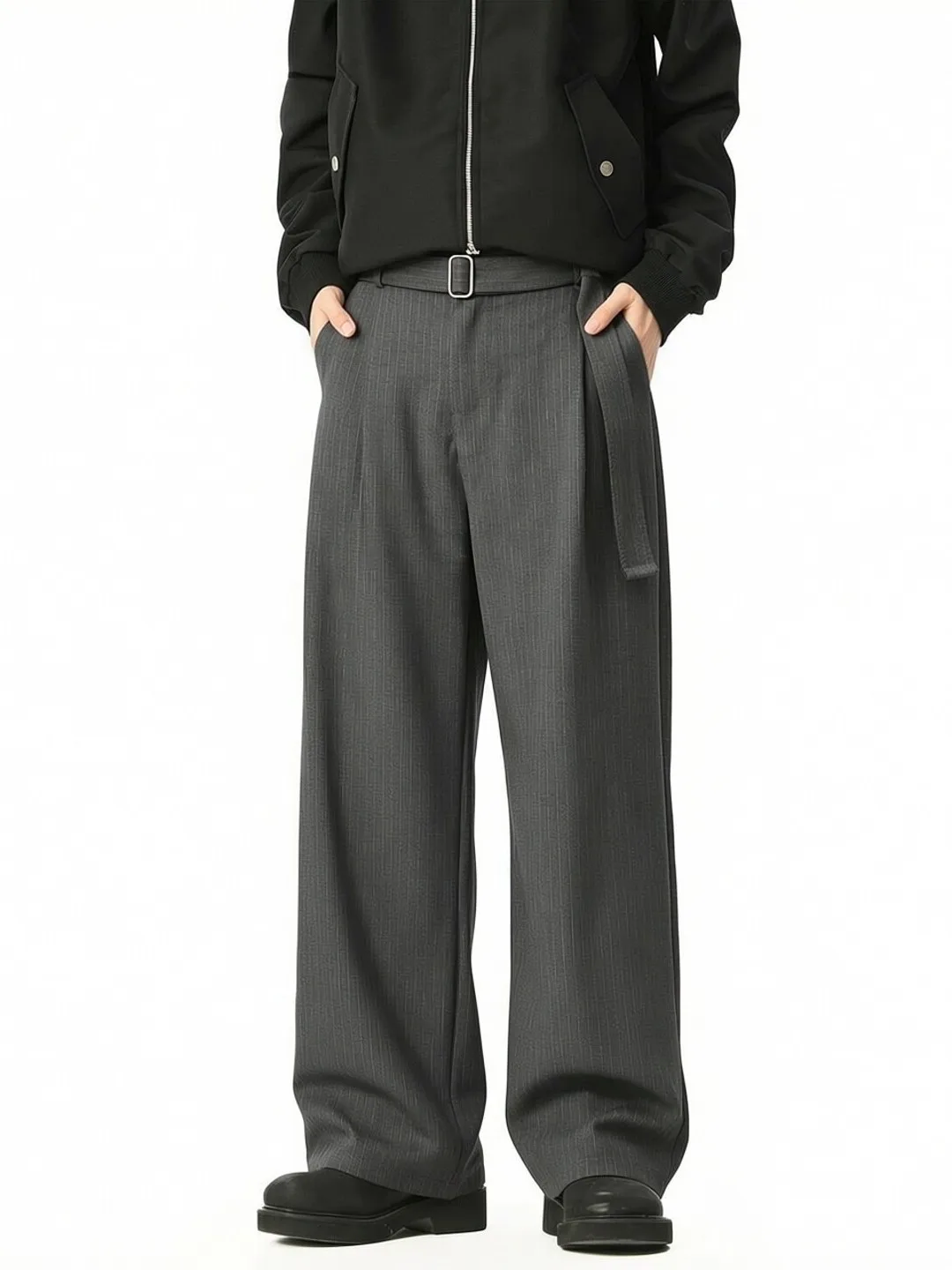 Casual Business Style Men's Wide Leg Pants Pleated Waist Belt Design Loose Straight Cut Trousers Korean Style Stripe Pants
