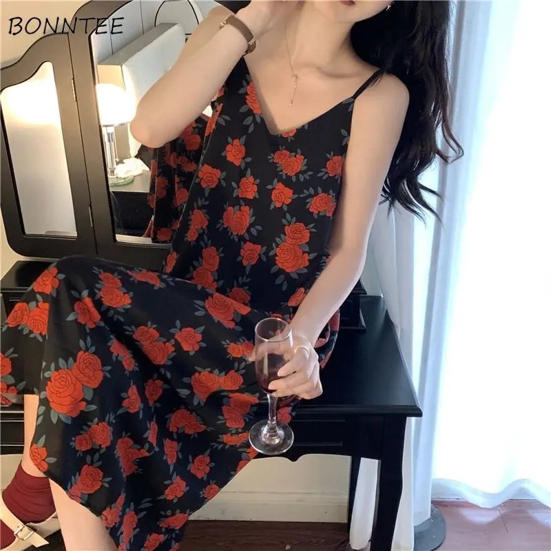 Black Print Dress Women Baggy Summer Harajuku Sweet V-neck Temper Aesthetics Girlish Vintage Streetwear Korean Clothing Vestidos