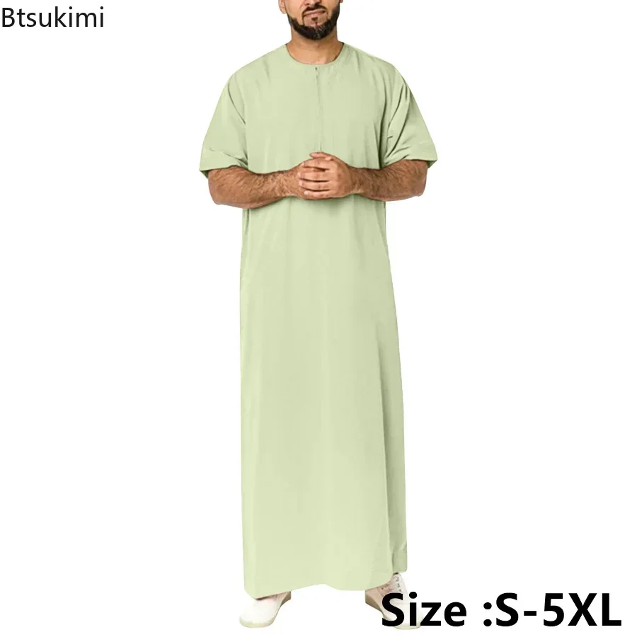 Moda musulmana para hombre, batas sólidas de estilo saudita con cremallera, Jubba Thobe, Abayas para hombre, manga corta, cuello redondo, ropa islámica árabe musulmana 5XL