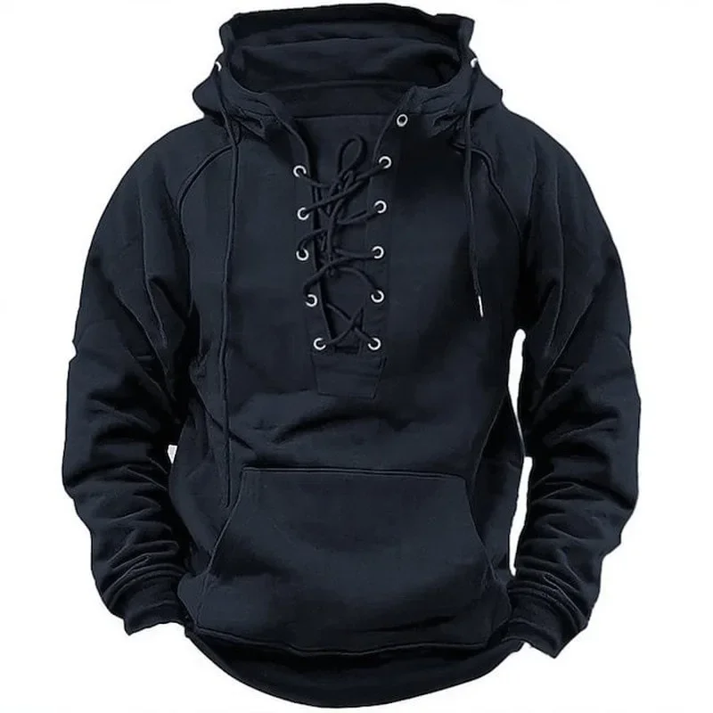 Autumn Fashion Mens Hooded Sweatshirts Lace-up Drawstring Long Sleeve Loose Hoodies Men Streetwear Vintage Solid Color Hoodies