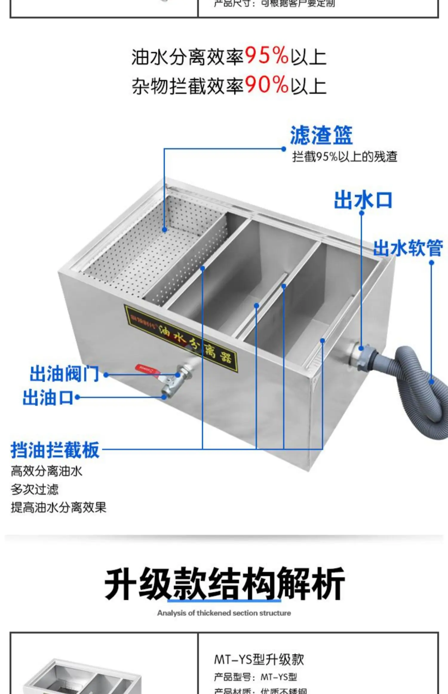 Oil-water separator kitchen catering stainless steel oil-sewage filter three-stage sedimentation tank