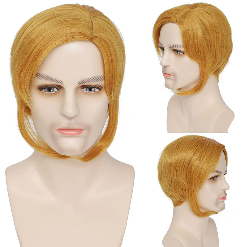 's light golden synthetic with side-parted bangs, short hair, Halloween men's wig