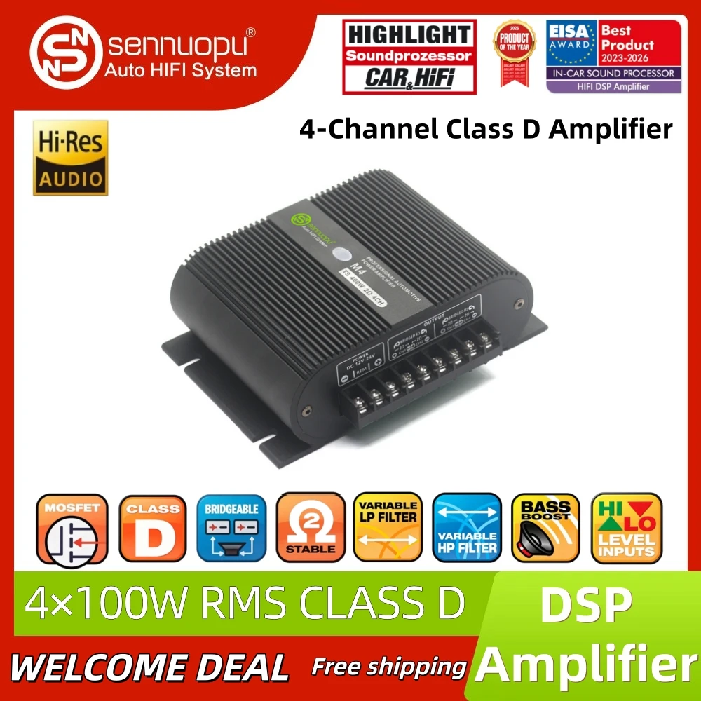400W 4-Channel Class D Compact Amplifier | Sennuopu 12V/24V Audio Device for Automotive & Marine Vehicles