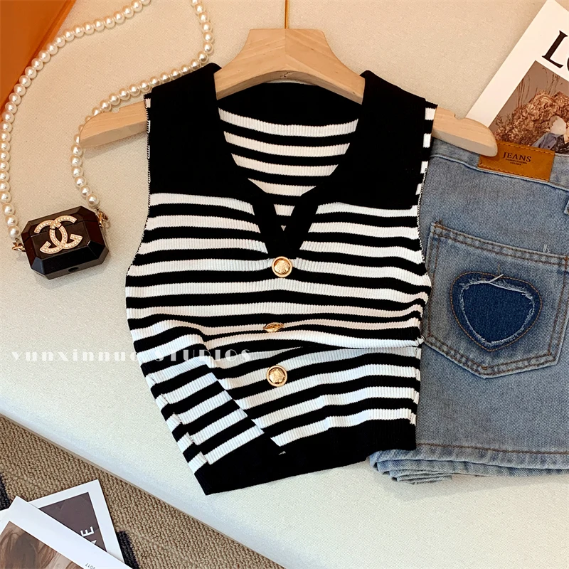 2023 Summer Striped Slim Knit Vests Women\'s Pullover Knitwear Sleeveless Korean Sexy Streetwear Ladies Crop Tops Jumpers