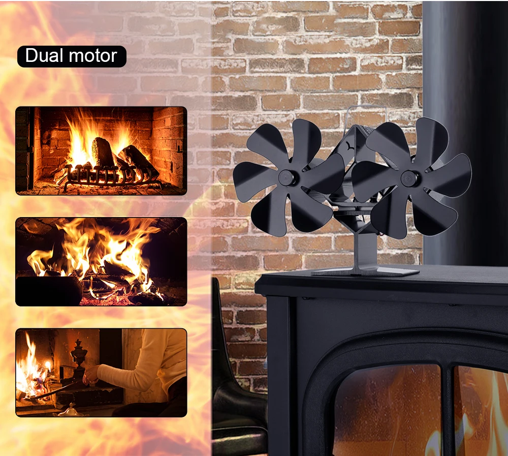 

Double Head Stove Fan 12 Blade Heat Powered Fireplace Fan Log Wood Burner Heat Powered Eco-Fan Home Warm High-Efficiency Heat