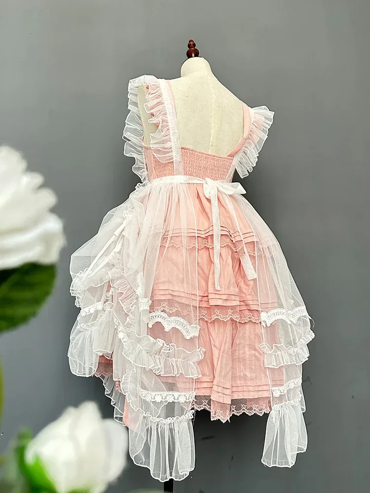 Vestido con volantes de malla de encaje transparente para mujer, delantal Lolita dulce para niña, vestido Kawaii sin mangas con correa, vestidos de hada para mujer, Verano