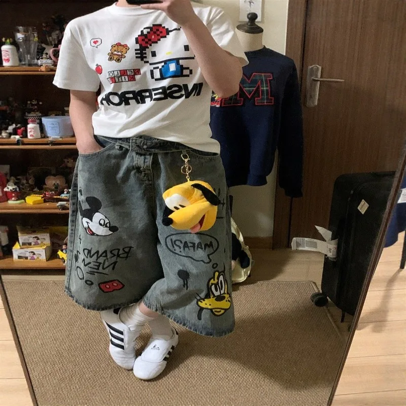 Retro Mickey American Graffiti Print Distressed Denim Shorts, Unisex Loose Straight Wide Leg Trendy Cropped Jeans For Men Women（