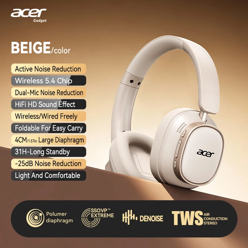 Acer Ohr633 2026 New Model Wireless Bluetooth Headset Hifi Stereo Sound Quality Anc Call Noise Reduction Foldable and Adjustable Design Built-In High-Definition Microphone Gaming Headset image 3