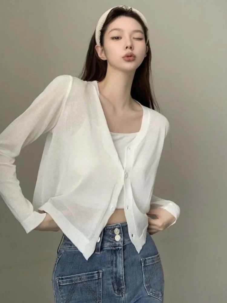 Cardigan Women Sheer Solid 4 Colors Designed Ins Simple All-match Sunscreen Daily Creativity Basics Korean Style Leisure Sweet