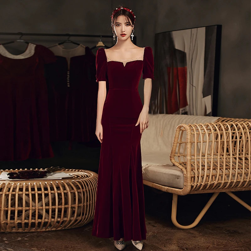 

Red Velvet Long Sve Fi Tail Wedding Dr Ele Slim Fit Evening Gown New 2024 Sle for Wedding And Engagement