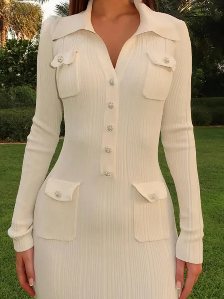 Elegante malha com nervuras vestido longo feminino fino lapela botão bolsos vestidos de manga cheia outono senhora estiramento plissado roupões novo