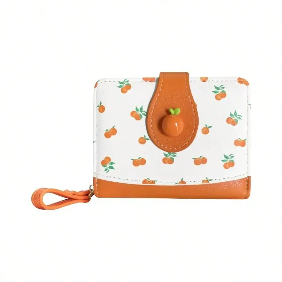 

Cute Wallet Blueberry Strawberry Cherry Wallet With Credit Card Slot Zipper Coin Pocket For Women Girls ORANGE