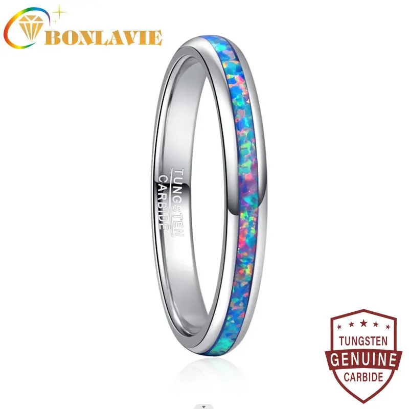 BONLAVIE 3mm Tungsten Carbide Ring Steel Color Dome Polished Inlaid Pink Blue Opal Women\'s Ring Wedding Best Gift Wholesale