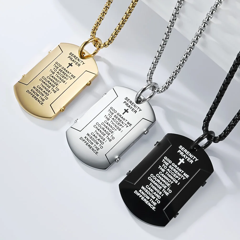 Men's Cross Bible Verse Lord's Prayer Necklace Stainless Steel Dog Tag Pendant Chain