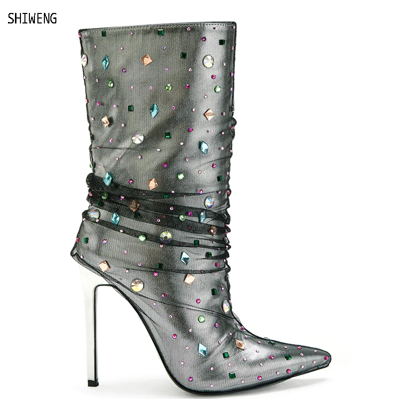 

Women Rhinestone Mid Calf Boots Purple Black Mesh Decor Short Boots Pointed Toe Thin High Heels Fashion Boots 44