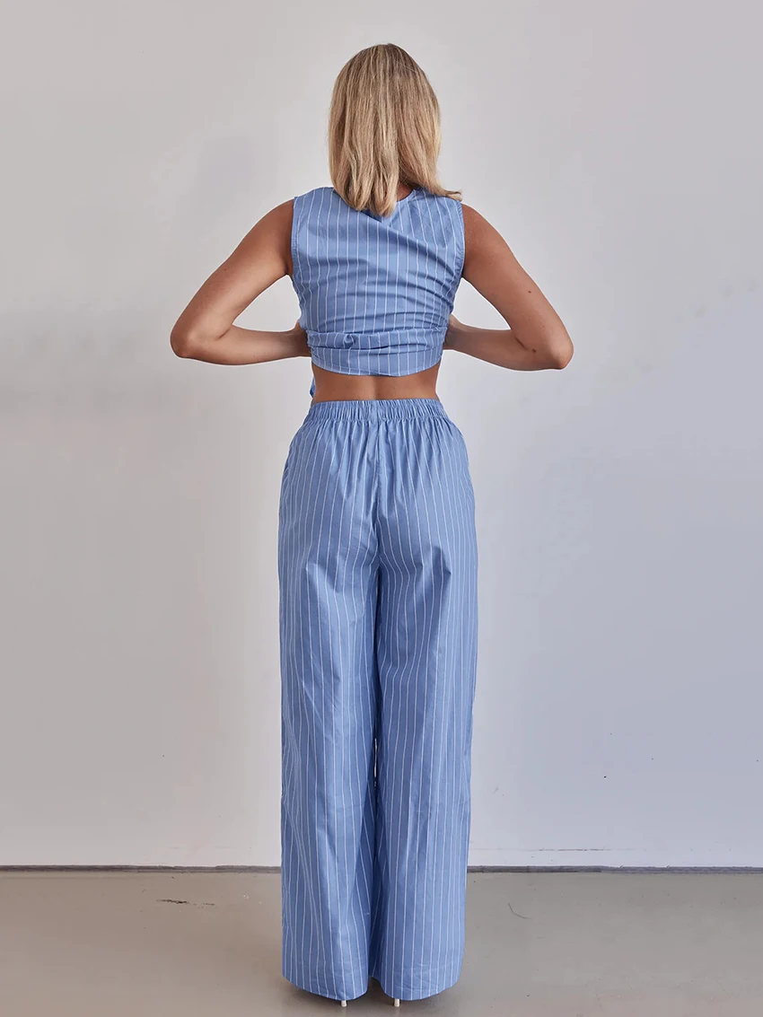 Marthaqiqi Summer Women Pajamas Set O-Neck Sleepwear Crop Top Nightwear Lace Up Nightie Sleeveless Pyjamas Pants Nightgowns Suit