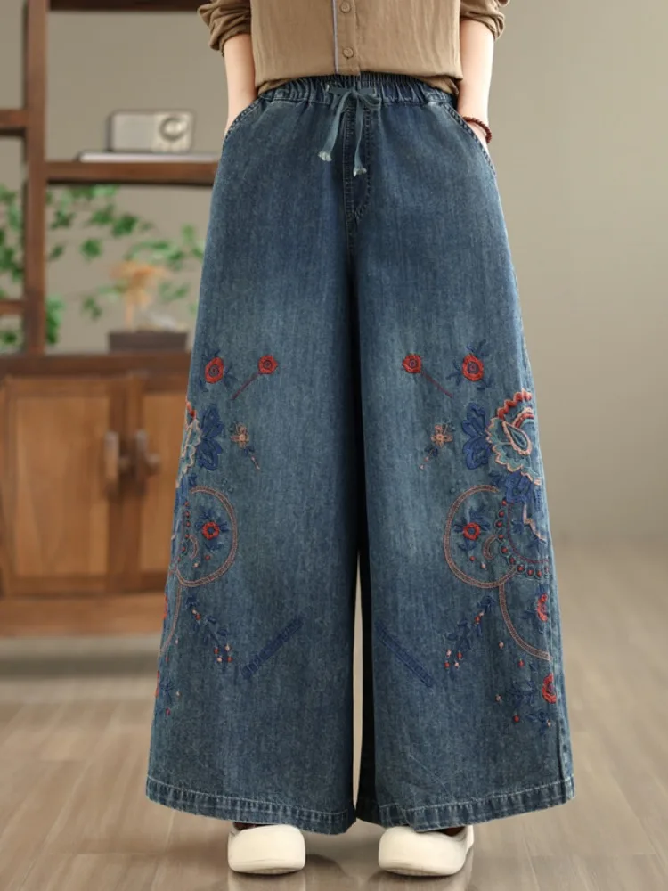 

Женские джинсы с вышивкой в стиле ретро, свободного кроя, облегающие, повседневные, с широкими штанинами, длинные, в этническом стиле, для весеннего сезона, удобные