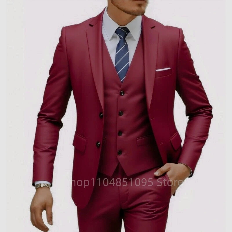 Trajes formales de 3 piezas de alta calidad para hombre, chaqueta con una botonadura, chaleco, pantalones, traje de negocios de boda ajustado para fiesta y graduación