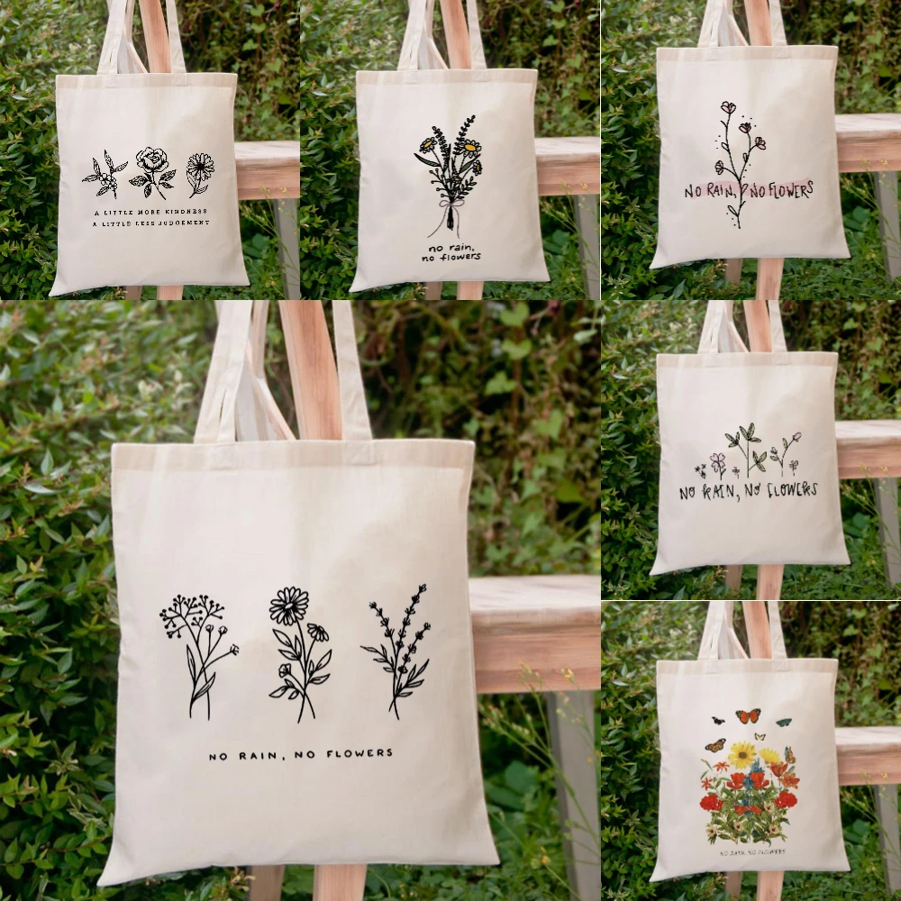 Minimalist Wildflower Botanical Canvas Tote Bag,No Rain No Flowers Print Shoulder Bag, Aesthetic Handbag for Plant Lovers Gift
