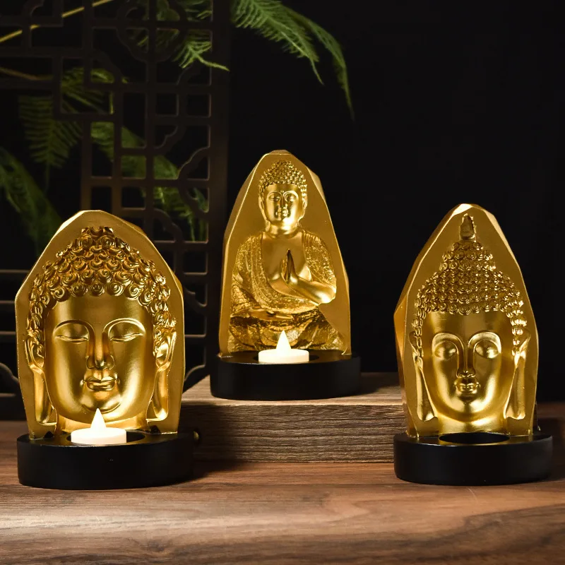 

Buddha Head Resin Figurine Candle Stand Ornaments Zen Buddha Statue Home Entrance Living Room Decoration Candlestick Crafts Gift