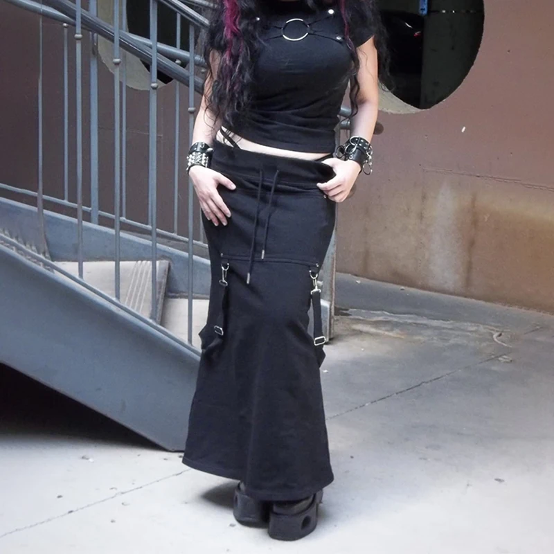 القوطية الأسود مرونة الخصر Bodycon التنانير الطويلة Y2K الشرير الأشرطة مستقيم حورية البحر التنانير النساء موضة جديدة الخريف الشارع الشهير #2