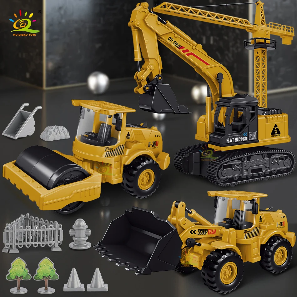 HUIQIBAO Engineering Plastic Inertia Car City Construction Excavator Crane Dump Truck Classic Vehicle Toys For Children